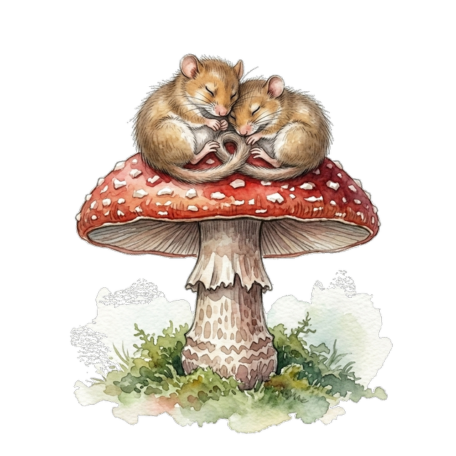 Sleeping dormice on a mushroom